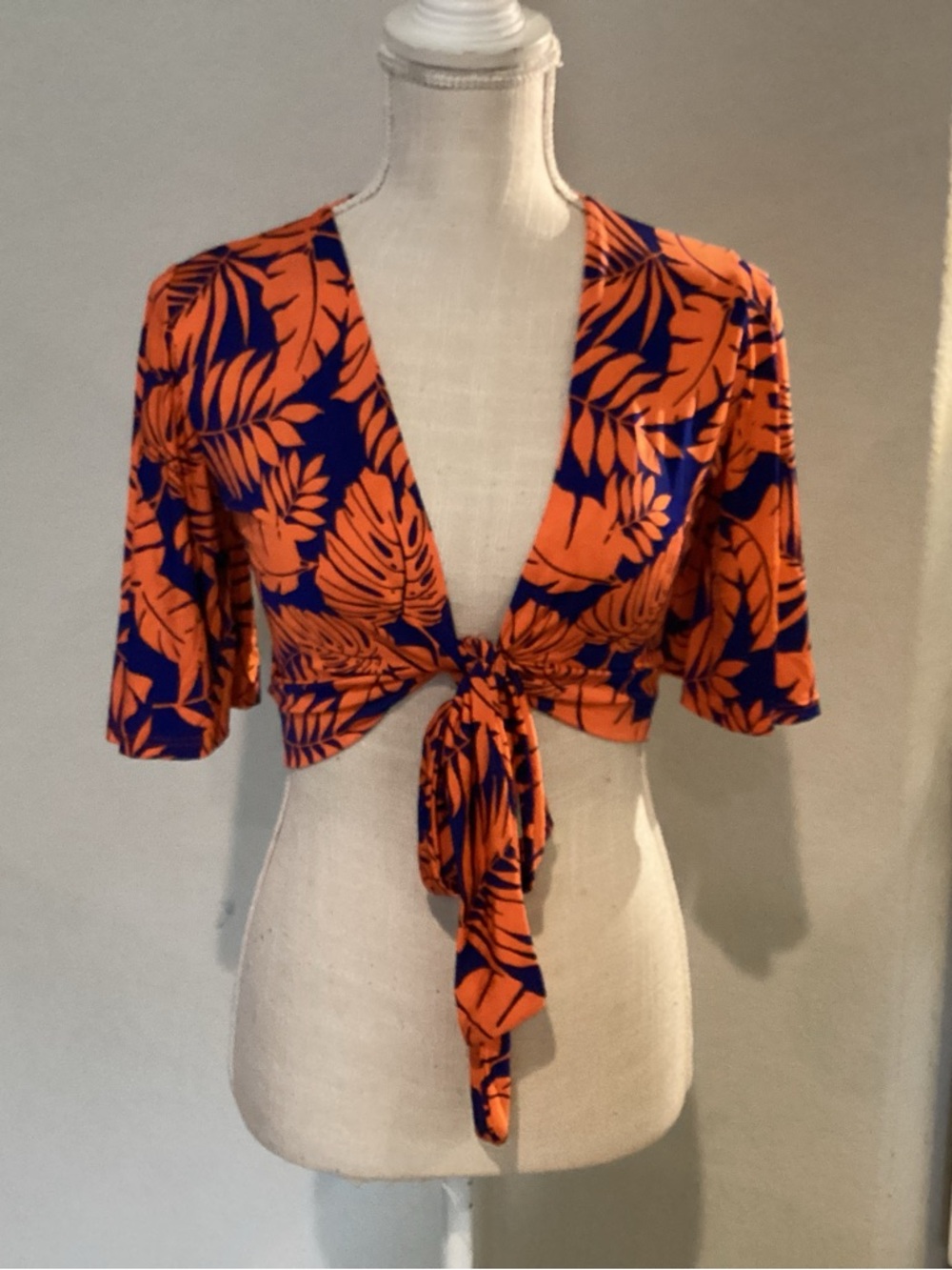 Chocolate Orange & Blue Tropical Tie-Front Crop Top